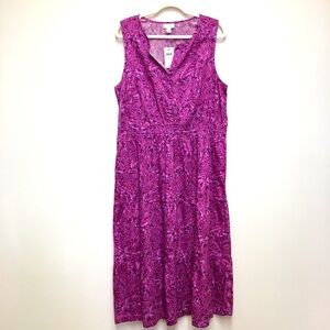 J Jill Floral Sleeveless Tiered Midi Dress Large Pink 100% Cotton Relaxed Fit